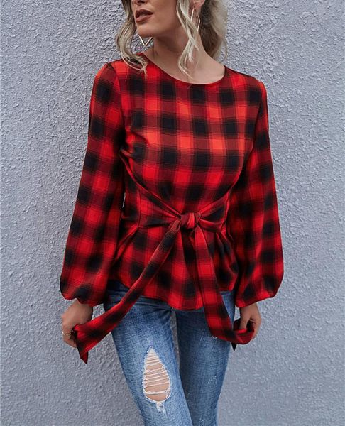 

autumn women's round neck long sleeve casual lattice shirt fashion bandage bow lantern pullover blouse women blouses & shirts, White