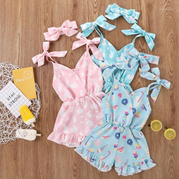 

jumpsuits easter 1-5 years infant baby girls sleeveless jumpsuit + bow headband cute pattern elastic waist summer overalls set1, Blue