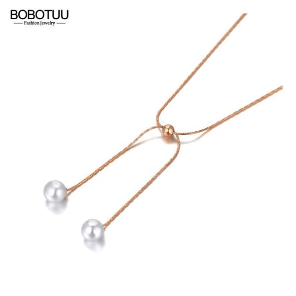 

chokers bobotuu rose gold double white pearl charm pendant necklaces for women trendy titanium steel bohemia party necklace bn20216, Golden;silver