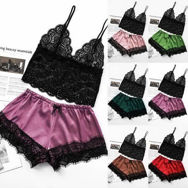 

gym clothing women sleep wear lingerie satin lace v-neck camisole shorts set sleepwear pijamas sleeping clothes, White;black