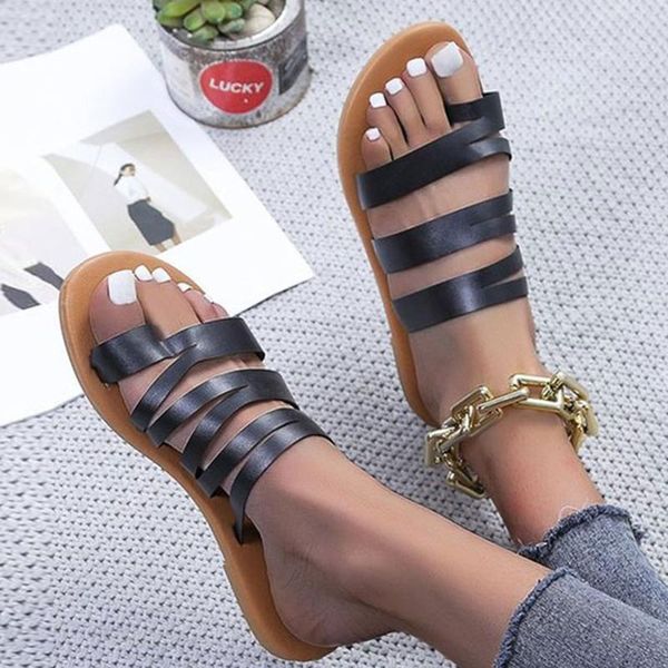 

sandals 2021 large size and slippers retro cross straps with toe belt clip flat female fashion style, Black
