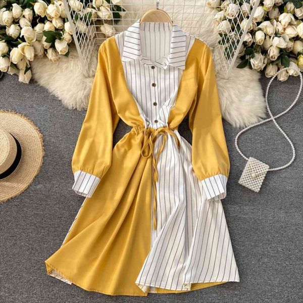 

spring summer striped print patchwork women dress long sleeve shirt casual buttons lace up sash a line ol work, Black;gray