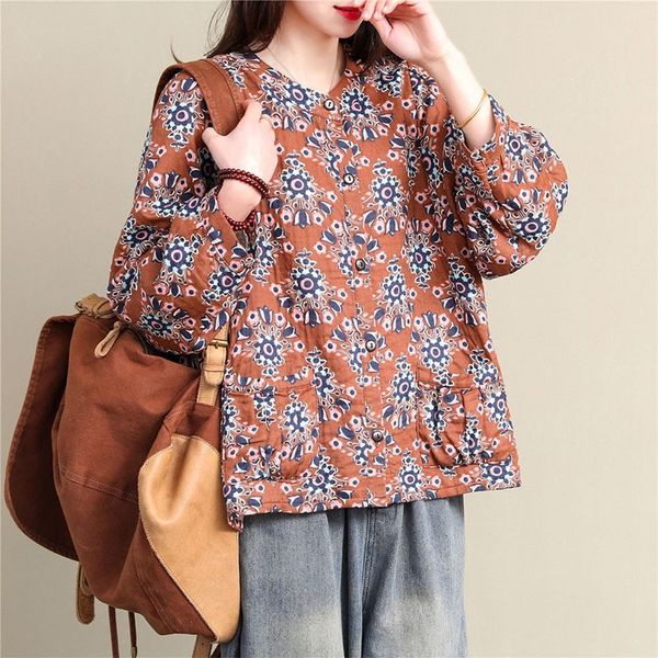 

women's wool & blends spring arts style women long sleeve loose casual coats single breasted vintage print cotton linen coat jacke, Black