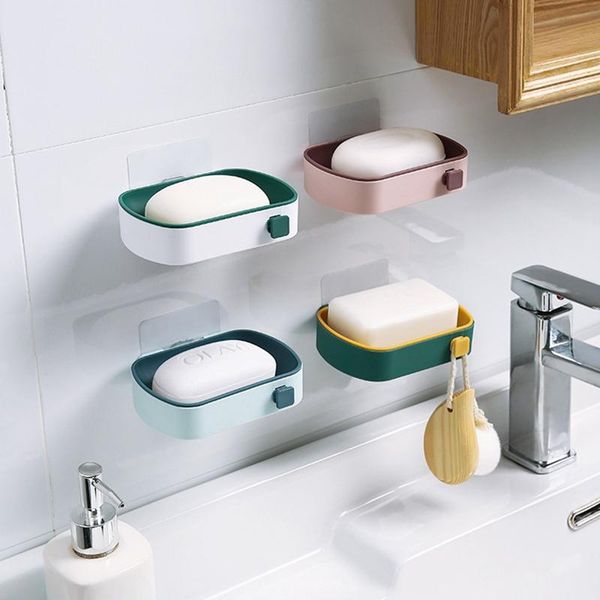 

soap dishes wall mounted box self adhesive sponge dish no drilling storage rack shelf drain bathroom holder
