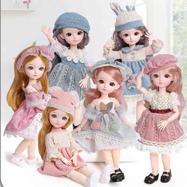 

new 12 inch 22 movable joints bjd doll 31cm 1/6 makeup up cute brown blue eyeball dolls with fashion dress for girls toy