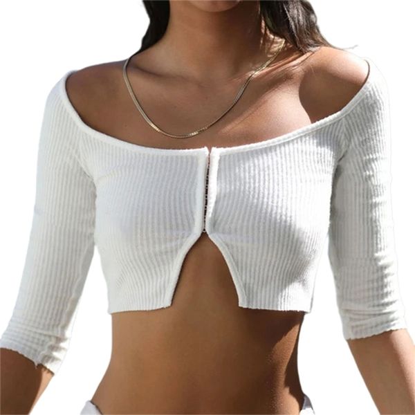 

women t-shirt cardigan half sleeve off-the-shoulder solid casual ladies summer slim fit party bar clubwear 210522, White