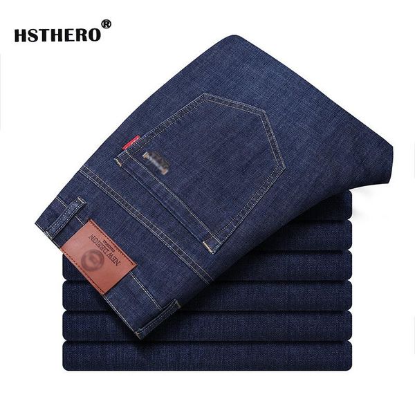 

business jeans for men spring autumn casual loose meeting trousers straight stretch brand denim pants friends gift men's, Blue