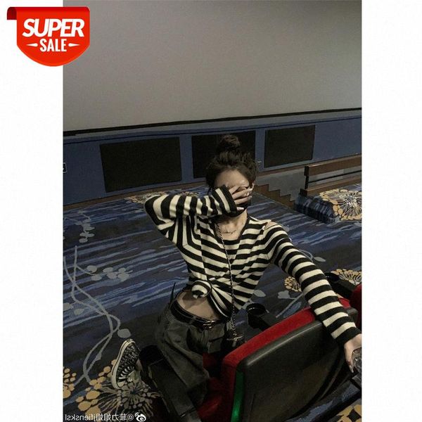 

[scheming stripes] net celebrity customization little irregular off-the-shoulder knitted striped sweater #zo4z, White