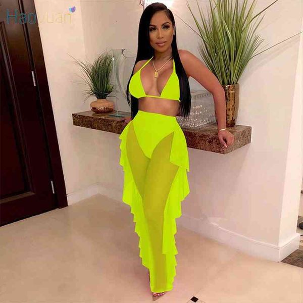 

mesh sheer two womens pants piece bikinis set bandage crop ruffles bodycon for women swimsuit summer club matching, White
