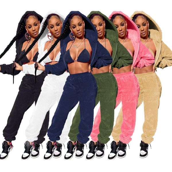 

women's two piece pants 23w8264 autumn winter women casual fashion home solid hooded zipper jacket fluffy elastic sports three-piece su, White