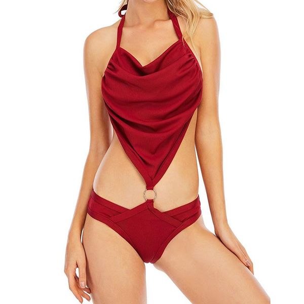 

one-piece suits 2021 european and america solid color bikini set halter backless string swimwear bathing suit swimsuit beachwear biquin