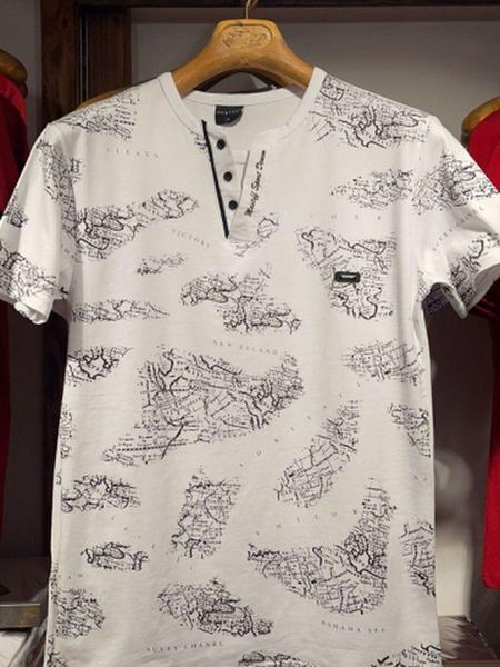 

men's t-shirts collar stripe, button on white black printed-men 's t-shirt