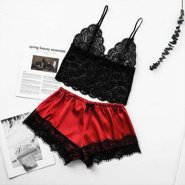 

satin vintage lingerie lace womens sleepwears v neck camisole pijamas femmes seamless underwear nightwear, Black;red