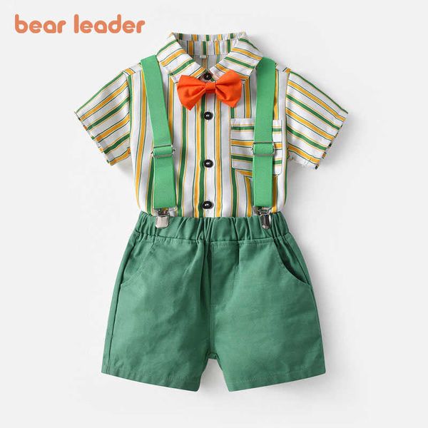 Ayı Lideri Bebek Erkek Rahat Giyim Setleri Moda Çocuklar Çocuk Doğum Günü Partisi Çizgili Gömlek Askı Pantolon Kıyafetler Çocuk Takım Elbise 210708