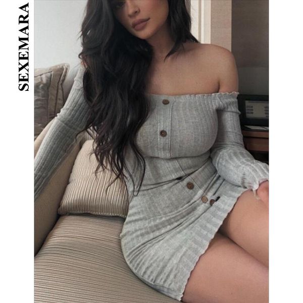 

casual dresses boofeenaa bodycon sweater dress rib knit button off shoulder long sleeve mini fall winter fashion 2021 c78-az21, Black;gray