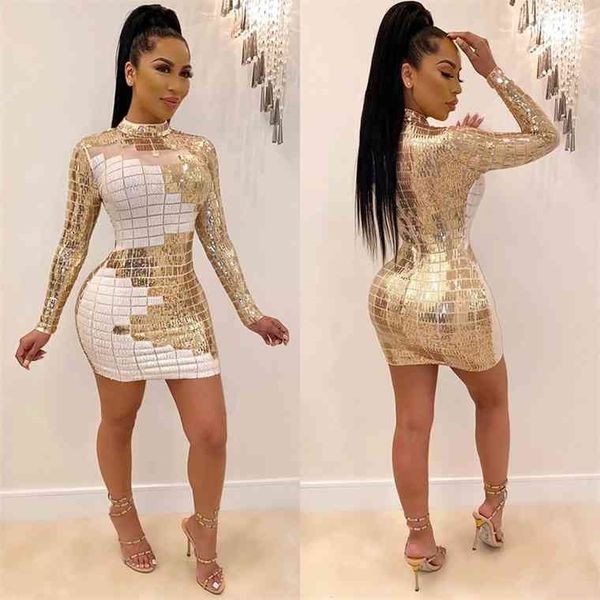 

spring 2021 new europe and america womens long sleeve net gauze white black sequin dress, Black;gray