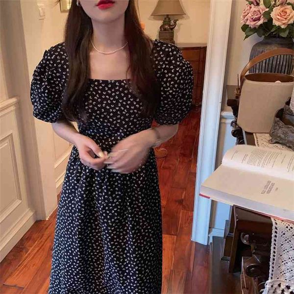 

fashion women's dress summer retro square collar print exposed waist slimming puff sleeve for women 210520, Black;gray