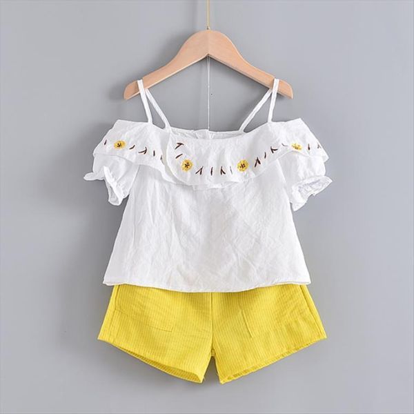 

summer flowers embroidery children floral baby sets girls fashion suits kids outfits for 3 7 years, White