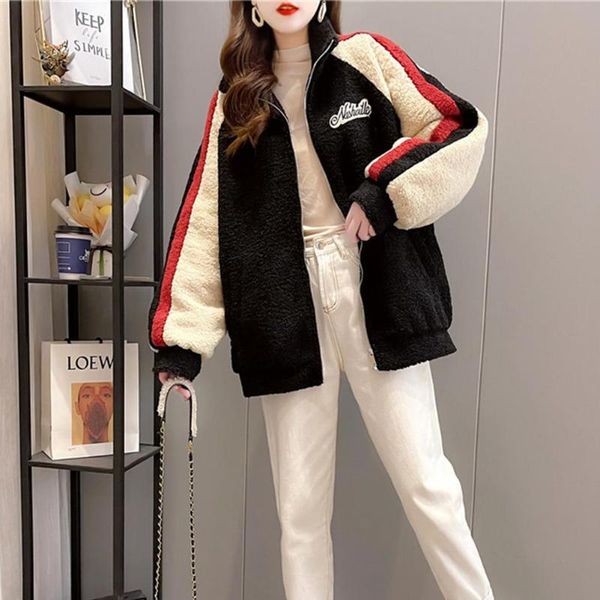 

women's hoodies & sweatshirts 2021 lamb wool baseball uniform thick letter embroidery long-sleeved jacket coat loose women sweater, Black