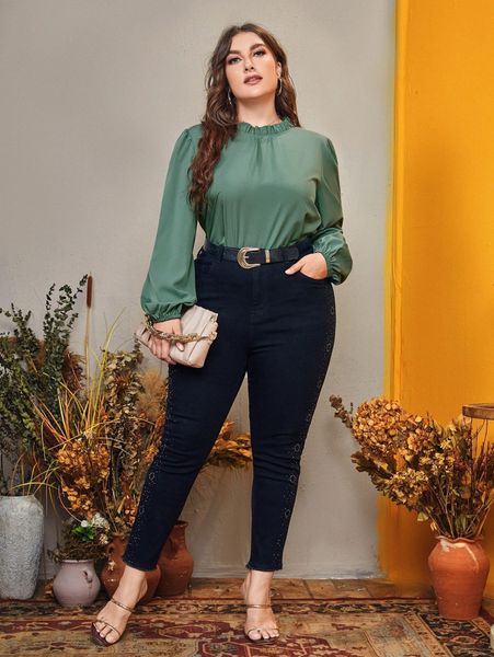 

plus frill trim lantern sleeve 24v9#, Black