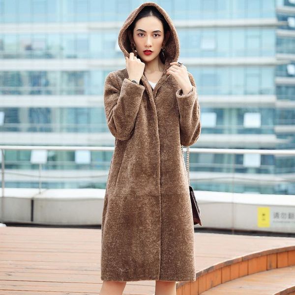 

women's fur & faux 2021 casual sheep shearling jackets real wool coat long winter jacket women hooded plus size 5xl 6xl ot1788, Black