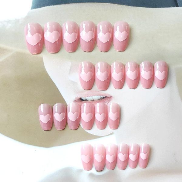 

nail art kits 24pcs pink love heart printed patch red glue type removable long paragraph fashion manicure false