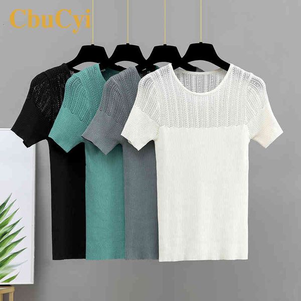 

polos summer t shirts hollow out knitted tees shirt women fashion short sleeve o neck rayon cropped female t-shirt, White