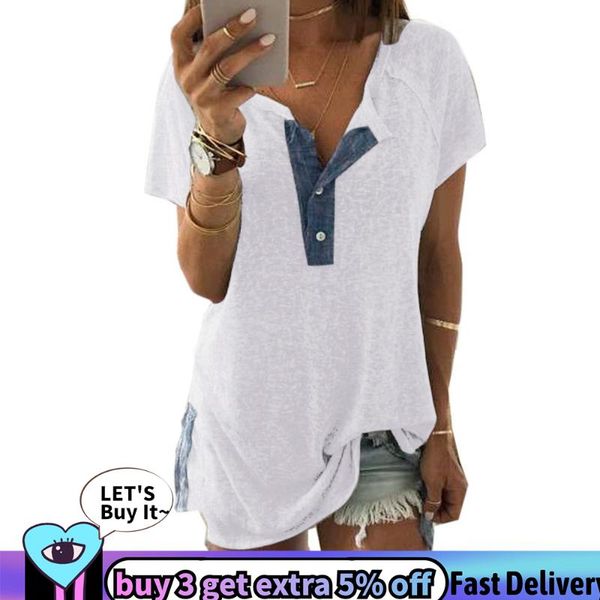 

women's t-shirt oversized patchwork women t shirt summer o neck short sleeve loose casual button elegant aesthetic ropa mujer, White