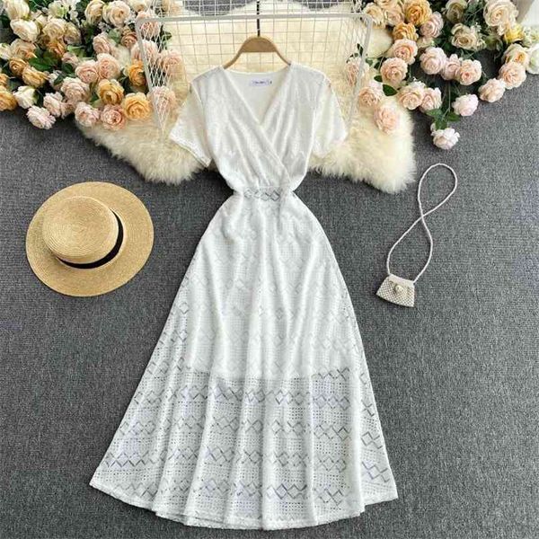 

women fashion sweet v-neck slim retro lace short sleeve white a-line dress elegant korean clothes vestido de mujer s311 210527, Black;gray
