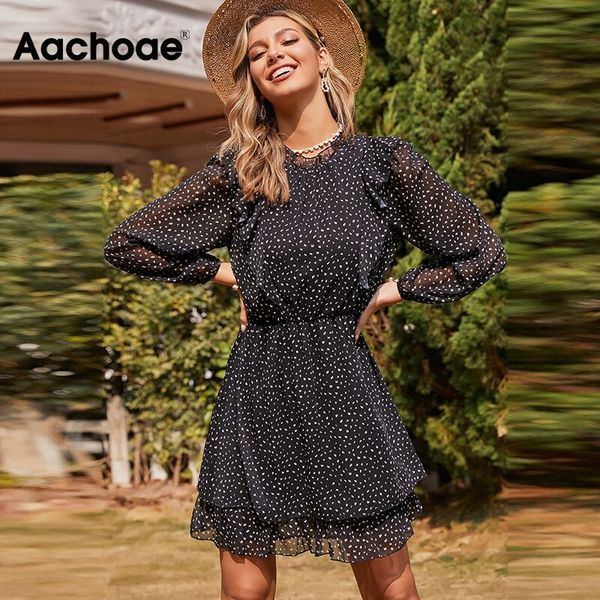 

aachoae women casual print chiffon dress see through long sleeve pleated mini dress ruffles beach sundress robe femme s-xl 210413, Black;gray