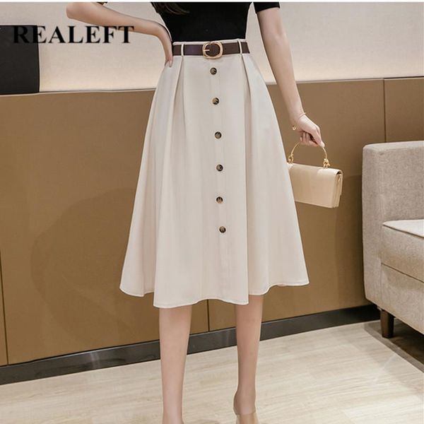 

summer thin women umbrella midi skirts with belt single breasted korean ol style high waist a-line lady, Black