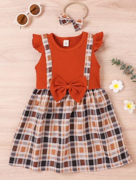 

toddler girls plaid bow spliced dress with headband she, Red;yellow