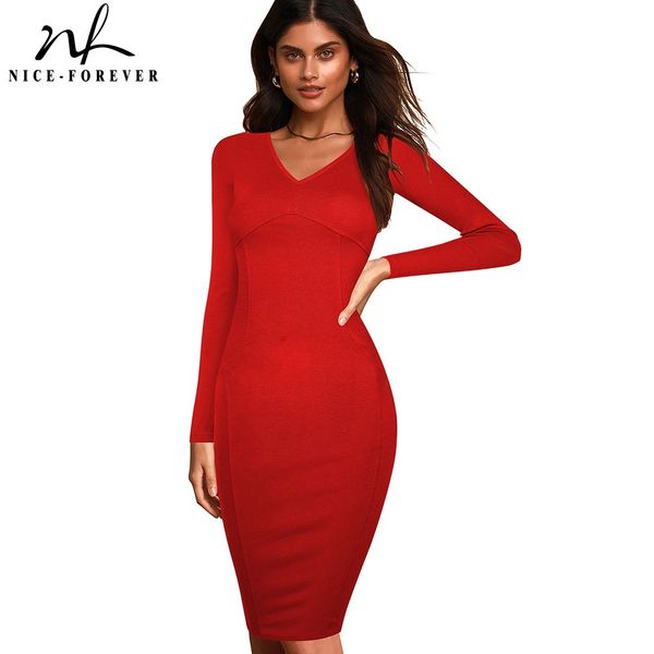 

nice-forever vintage solid color elegant office dresses business bodycon fitted women slim autumn dress 446 210419, White