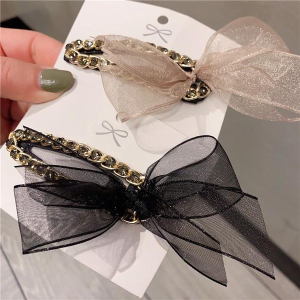

hair clips & barrettes elegant lace yarn bow hairpin bb clip pin rhinestone metal chain women hairgrips girls headpiece accessories, Golden;silver