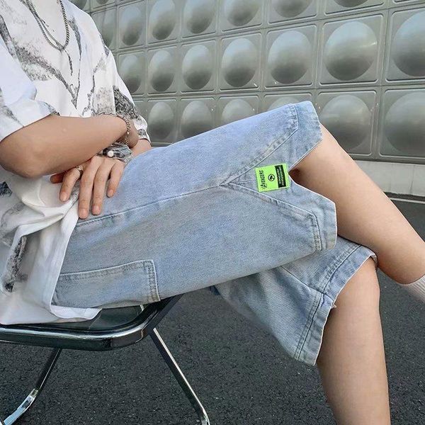 

men's jeans washed summer thin oversize overalls loose light blue denim five-point pants casual straight wide-leg shorts