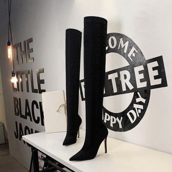 

boots 2021 fashion womens shiny knee high keep warm casual female pointed toe thigh women party lady heels, Black