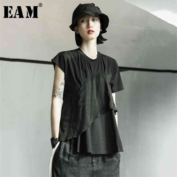 

[eam] women white irregular split joint linen short t-shirt new round neck short sleeve fashion tide spring summer 1x002 210330