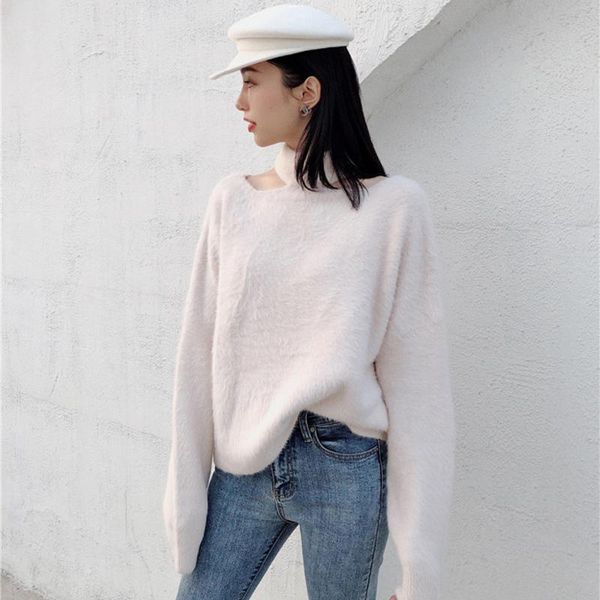 

women's sweaters off-the-shoulder mink cashmere sweater natural women special design neck pullovers for 2021 high street wsr774, White;black