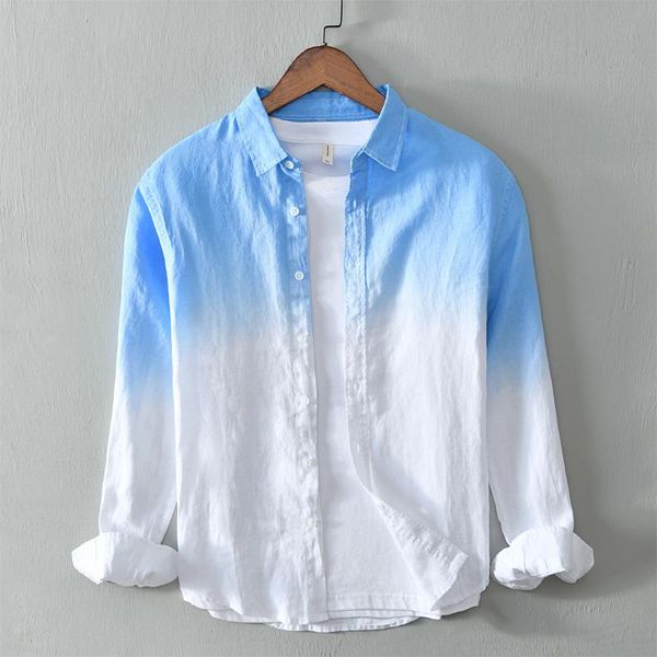 

men linen fabric comfortable long sleeve lapel shirt summer casual holiday shirts gradient color blouse fashion solid men's, White;black