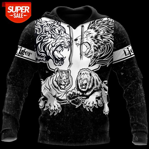 

lion vs tiger warrior tattoo 3d all print size xs-7xl hoodie man women harajuku outwear zipper pullover sweatshirt casual #qn5b, Black