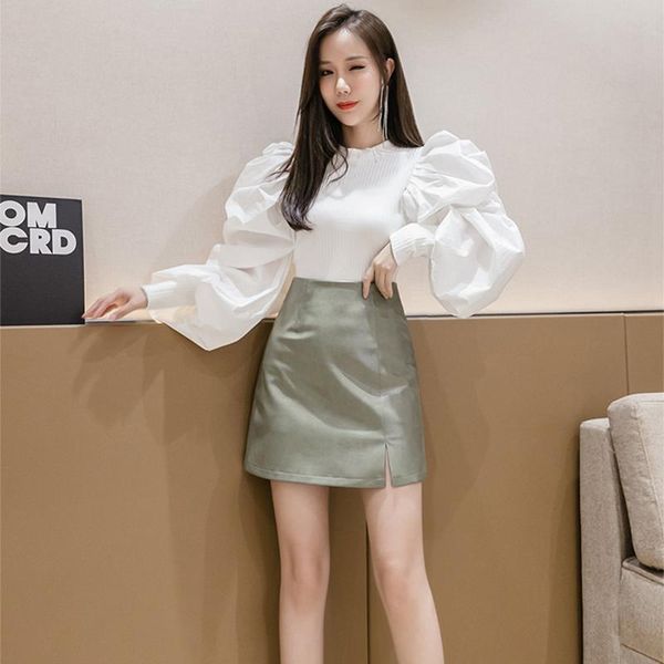 

skirts autumn winter women's korean style solid color high waist split leather skirt slim and thin a-line short gx628, Black