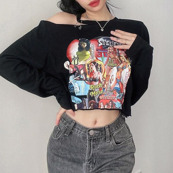 

women's t-shirt fall woman fashion loose print contrast color long sleeve tee black women short gothic girl crop female tees, White