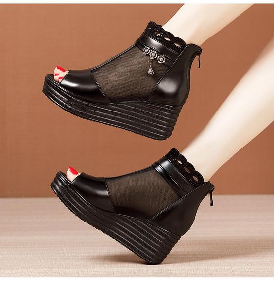 

female shoes sandal summer elegant woman dress mesh wedges 2021 women platform ladies beach peep toe 32-43 sandals, Black