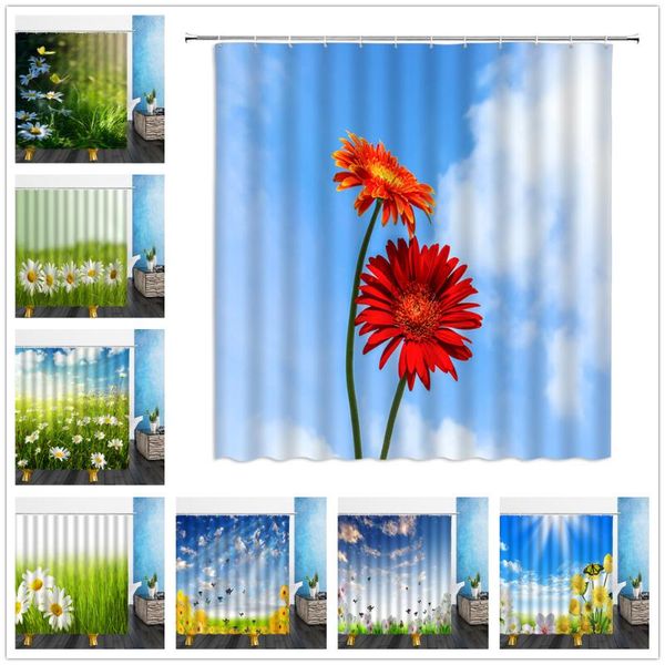 

shower curtains spring landscape curtain garden flowers butterfly pattern waterproof polyester cloth bathroom screen with hooks