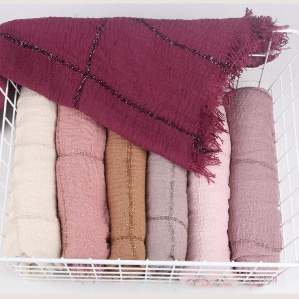 

scarves 2021 design crinkle crimp ripped cotton turban hijab with glitter lace lines sequins women's head scarf wrinkle shawl, Blue;gray