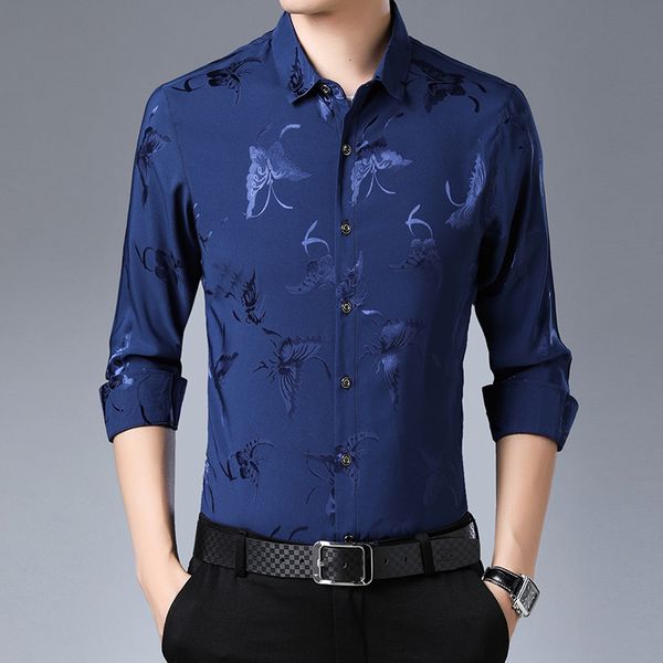

2021 spring and autumn butterfly jacquard leisure slim fit shirt busins solid color long sleeve men's shirt, Black