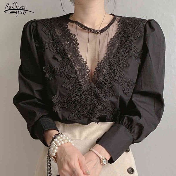 

spring autumn long sleeve women blouse with lace white black female office lady elegant shirts pullover blusas 12451 210521