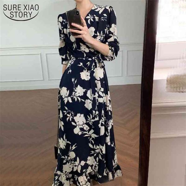 Rétro Floral col en v à lacets longue robe femmes Style coréen A-type à manches courtes pour l'été en mousseline de soie 13886 210508