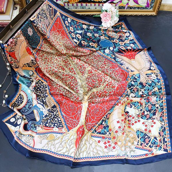 

scarves high-end elegant women tree of life fashion exquisite printed quality plain crepe satin silk versatile large square scarf shawls, Blue;gray
