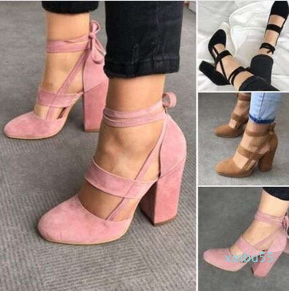 

women elegant ankle straps high heels shoes summer ladies bridal suede thick heel sandals party clubwear pumps, Black